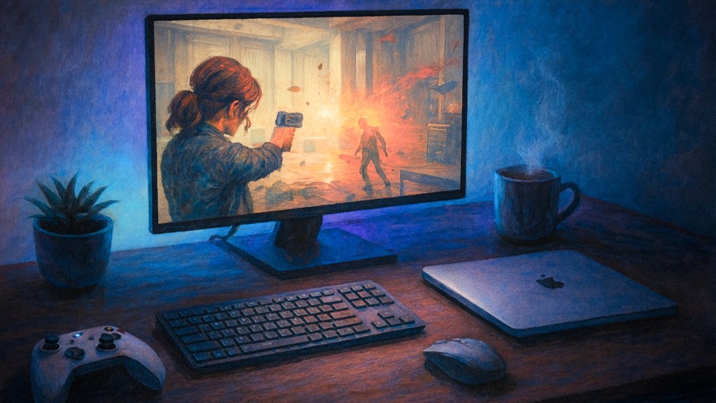 An AI-generated image of a MacBook desktop setup playing Control