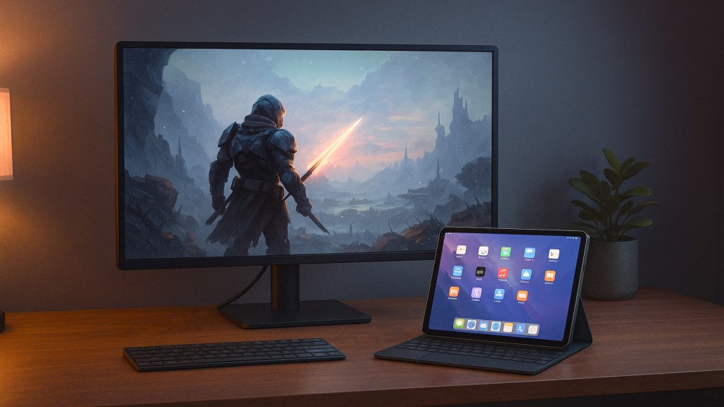 An AI-generated image of Destiny: Rising on an external monitor connect to an iPad