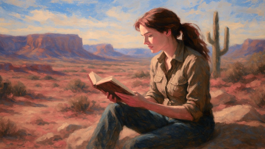 AI-generated image of Nora Kelly reading a book in the desert (GPT-5)